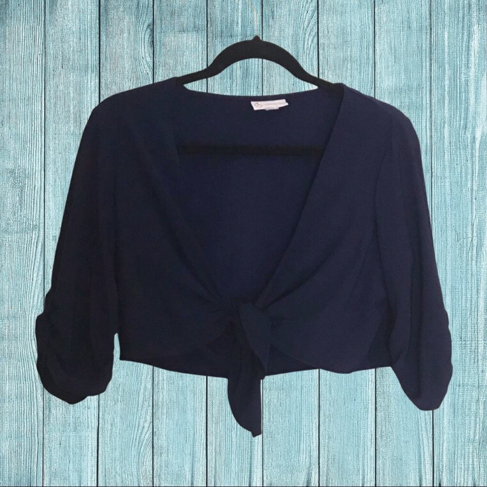Dress Barn navy shrug / cropped tie front cardigan